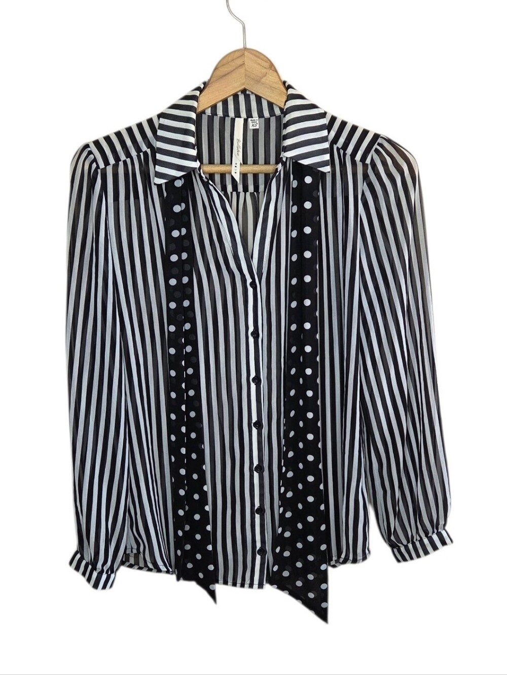 Bellatrix Black & White Striped Button Blouse with Polka Dot Neck Scarf Size XS